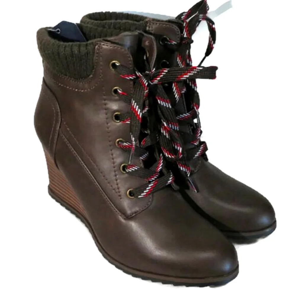 Nautica Espresso Brandt Lace-up Wedge Booties 7.5